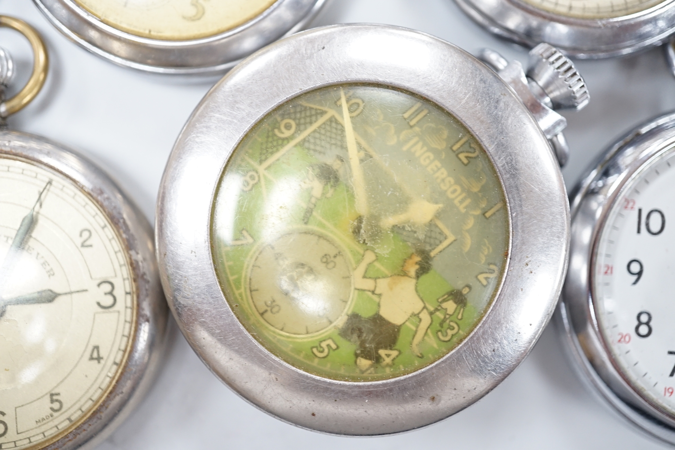 Ten assorted base metal pocket watches including Ingersoll football related, Smiths and Smiths Empire etc.